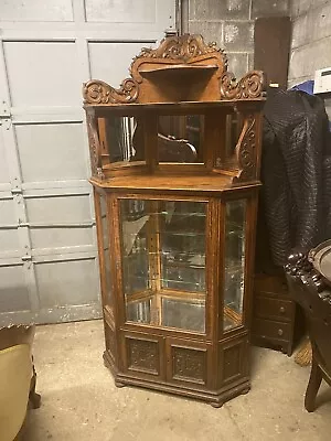 Victorian Carved Dolphin Oak Corner China Cabinet • $3295