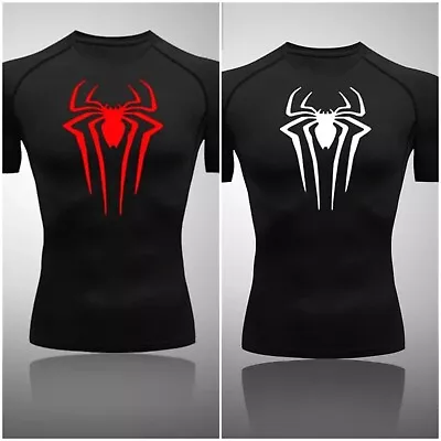 Men's Short Sleeve Spider Print T-Shirt Summer Workout Gym Training Sport Wear • £12.99