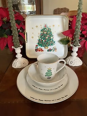 Vintage Merry Brite 4 Piece Christmas Tree Dinnerware Place Setting Set • $29.99