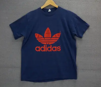 Vintage 70s 80s Adidas Trefoil 50/50 Double Sided Graphic Blue T-Shirt USA • $69.99