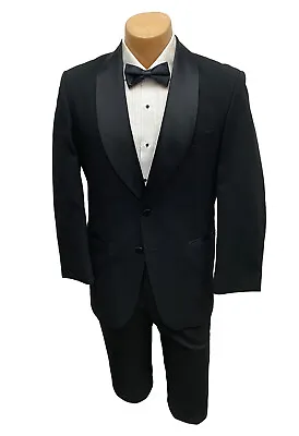 Men's Black Tuxedo With Pants 100% Wool Two Button Satin Shawl Lapels 37L 31W • $29.95