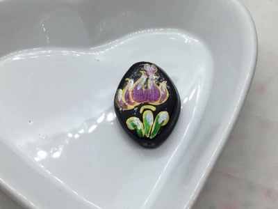 £1.45 • Buy 1 Lampwork Handmade, Hand Painted Flat Black Glass Bead, Lilac Flower 30mm X 18