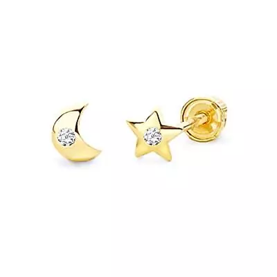 14k Yellow Gold Moon And Star Stud Earrings With Screw Back  • $49.12