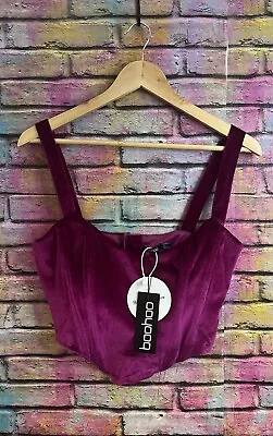 Boohoo Dark Red Velvet Corset Short Cropped Top Brand New With Tags Size 14 Uk • £14
