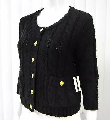 I Love H81 Nwt Long Sleeve Cropped Cabled Cardigan Sweater Size M Medium Black  • $33.21