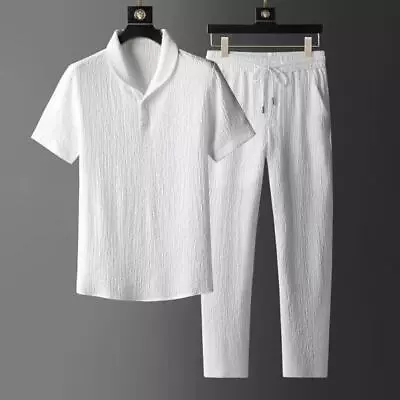 Men's Spring Summer Short Sleeve Casual Suit Slim Two-piece Set Drawstring Pants • $24.17