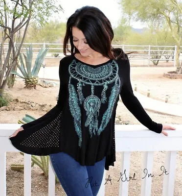 New VOCAL Womens CRYSTAL BLACK NATIVE AMERICAN DREAMCATCHER SHIRT TUNIC S M • $40.80