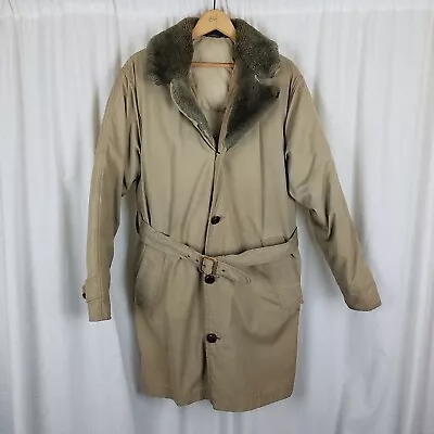 Vintage LL Bean Mouton Fur Collar Down Belted Trench Coat Parka Mens M Peacoat • $109.19