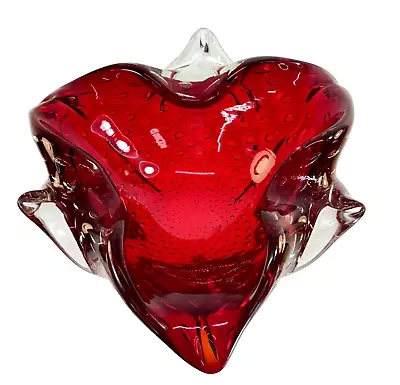 Vintage Murano Red Clear Heavy Bullicante Art Glass Ashtray Trinket Dish Bowl • $39.99