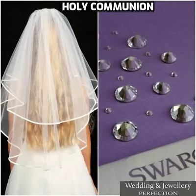 Girls 2 Tier White First Holy Communion Veil With Diamante Crystals Wedding Girl • £7.99