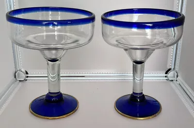 2 Cobalt Blue Rim Mexican Hand Blown Glass Margarita Glasses Bubbles Brass  • $12