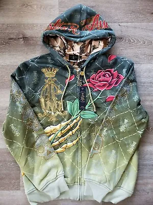 Christian Audigier & Ed Hardy Men Vintage Hoodie Skull Hand Rose Green • $149.99