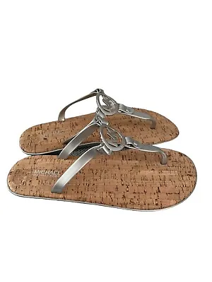 Michael Kors Jelly Slip On Thong Sandals Womens 8 Cork Sole Silver MK Large Logo • $25.99