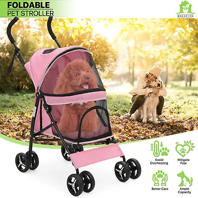 Foldable Pink Dog Stroller Adjustable Canopy Breathable Pet Travel Carrier Cart • $61.99