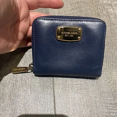 Michael Kors Small Blue Leather Zip Around Wallet Gold Hardware • $28.99