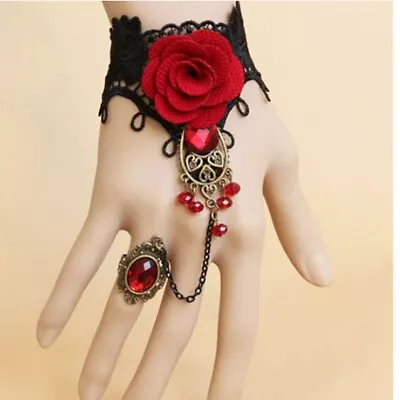 Goth Lace Red Rose Bracelet And Ring • £4.49