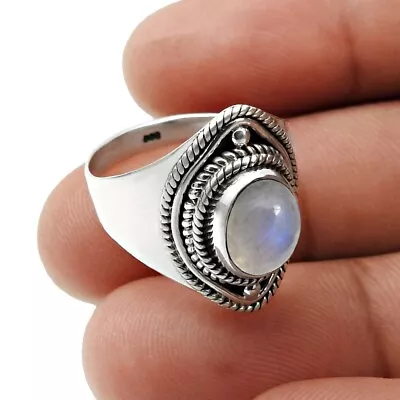 Cocktail Ethnic Ring Size 7 925 Silver Natural Rainbow Moonstone E30 • $25.91