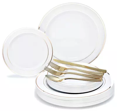 $62 • Buy OCCASIONS Wedding Party Disposable Plastic Plates & Gold Silverware - Customize!