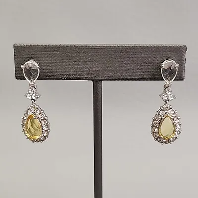 Monet Dangle Pierced Earrings Yellow Teardrop Clear Rhinestone Silver Tone 1.25  • $18