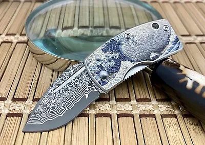 G.Sakai Japan Beautiful BLUE WAVE Damascus Framelock Knife W/Pocket Clip • $79.50