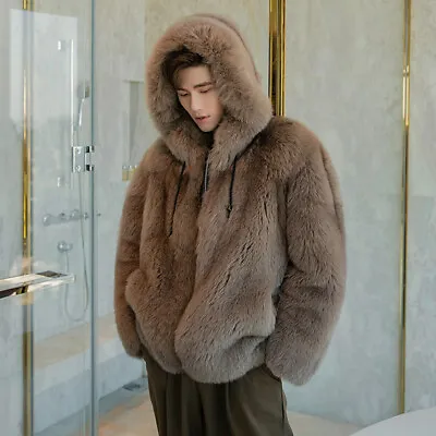 Men's Hooded Faux Fox Fur Coats Winter Warm Fur Trim Jackets Casual Outwear Size • $118.57