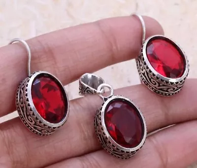 Natural Red Garnet 925 Sterling Silver Pendant Earrings Set Antique Fliligree • $24.99