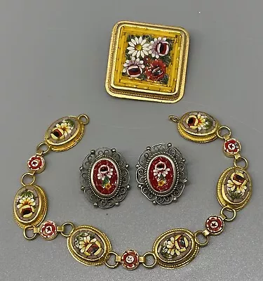 Vintage Italian Micro Mosaic Lot Bracelet Clip On Earrings Square Filigree Pin • $15.50