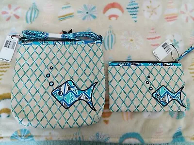 Vera Bradley Beach Crossbody Bag + Matching Wristlet In GO FISH BLUE2 Pcs.$108R • $47.89