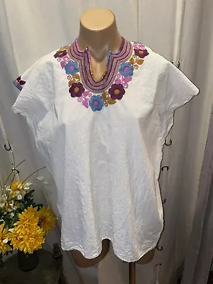 Vtg Mexican Embroidered Top Shirt White Cotton Size M/L • $19.99