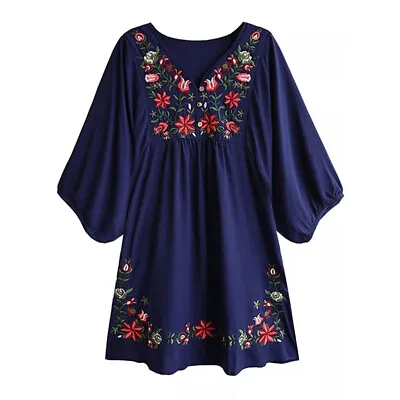 Embroidered Hippie Blouse Mexican Peasant Ethnic Gypsy Boho Mini Dress Hot • £20.39