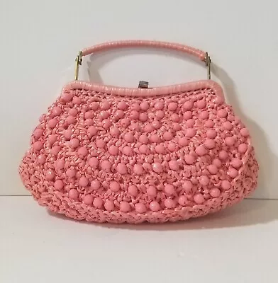 Vintage Pink Beaded Raffia Purse 1950-1970 Marcus Bros Miami Handbags Japan • $28
