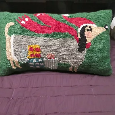 XL Dachshund Dog  Hook Wool Forrest Green Christmas Holiday Throw Pillow • $39.99