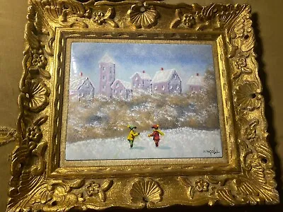 Don Mingolla  Children In Snow Scene  Enamel On Copper Painting - Signed/Framed • $278