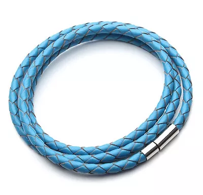 Braided Carolina Blue Leather 3X Wrap Bracelet Silver Clasp Unisex Mens Womens  • $12.50