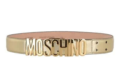 Moschino 46 US XLARGE Womens Logo Leather Belt Gold Name Letters • $139.99
