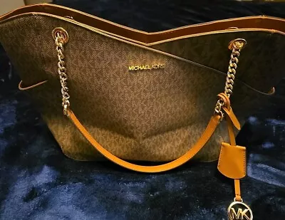 Michael Kors Women Ladies Shoulder Tote Chain Handbag Purse Satchel Bag Brown MK • $44.95