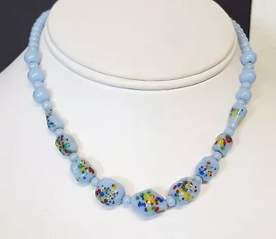 Baby Blue End Of Day Glass Bead Choker Necklace Speckled Barrel Clasp Vtg 13.75  • $24.95