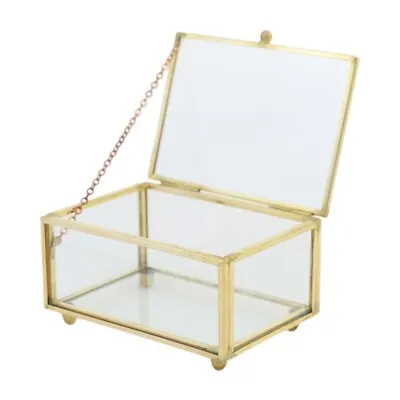 Golden Metal Vintage Glass Jewelry Box Rectangle Geometric Jewelry Organizer • $30.27