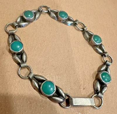 Vintage Malachite Tennis Bracelet Mexico Sterling Silver JFG Linked Panels 7  • $39
