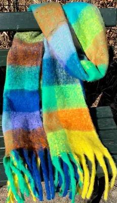 Mohair Colorful Plaid Scarf Double-sided Fringed Tassels Fuzzy Warm Soft Long • $25.98
