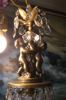 Vintage Crystal Prism Cherub Hanging SWAG Lamp Chandelier Brass Spelter • $119