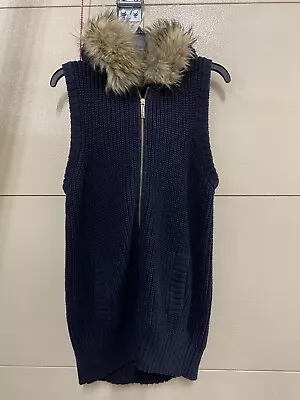 Michael Kors Faux Fur Trim Hooded Sweater Vest Navy Blue Sz M Zip Front • $39.99