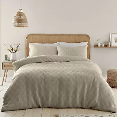 Catherine Lansfield Waffle Checkerboard Jacquard Duvet Cover Bedding Set Natural • £35