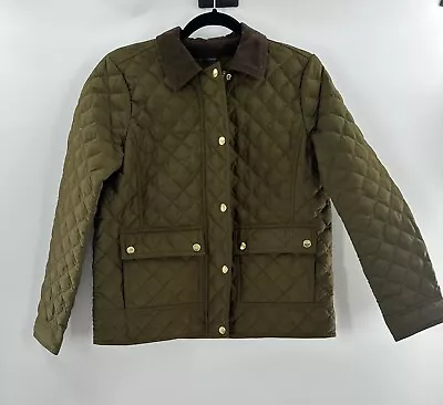 J Crew S Olive Green Quilted Down Barn Tack Jacket Corduroy Collar Chic • $40.05