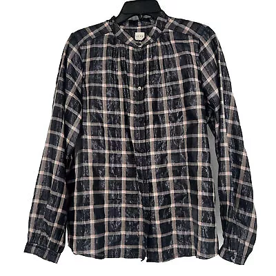 La Vie Rebecca Taylor Metallic Plaid Button Up Top Black Pink Long Sleeve Size M • $18.75