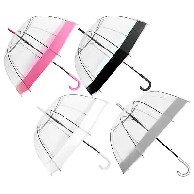 Large Clear See Through Dome Umbrella Ladies Transparent Walking Rain Brolly • £8.99