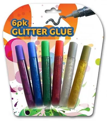 6 Glitter Glue Pens Children School Kids Assorted Colours Art Card Craft Making  • £2.69