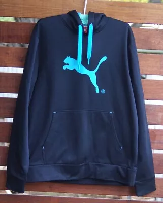 $28 • Buy PUMA HOODIE WINDCHEATER JUMPER  Size L. FLEECE LINED BLACK AQUA LOGO