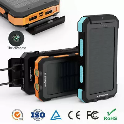 $46.59 • Buy 500000mAh 2USB Waterproof Solar Power Bank External Battery Charger For Phone AU