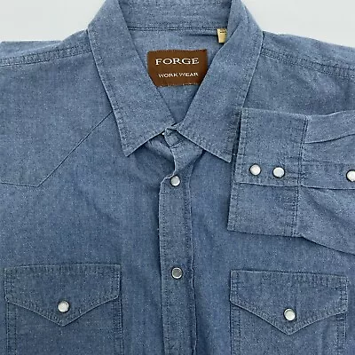 Vintage XXL Forge Work Wear Pear Snap Shirt Blue Denim Long Sleeve • $24.95